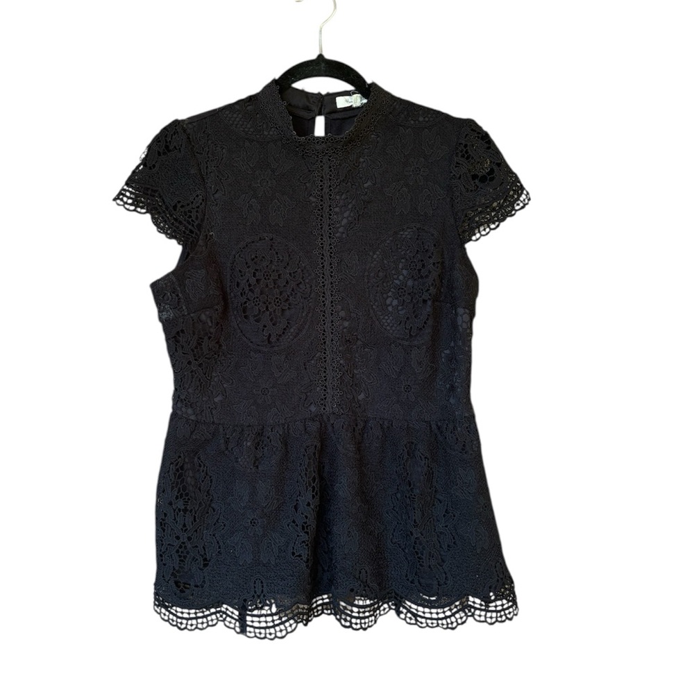Honey Belle Black Lace Peplum Top Faux Suede Back High‎ Neck Short Sleeve Size L